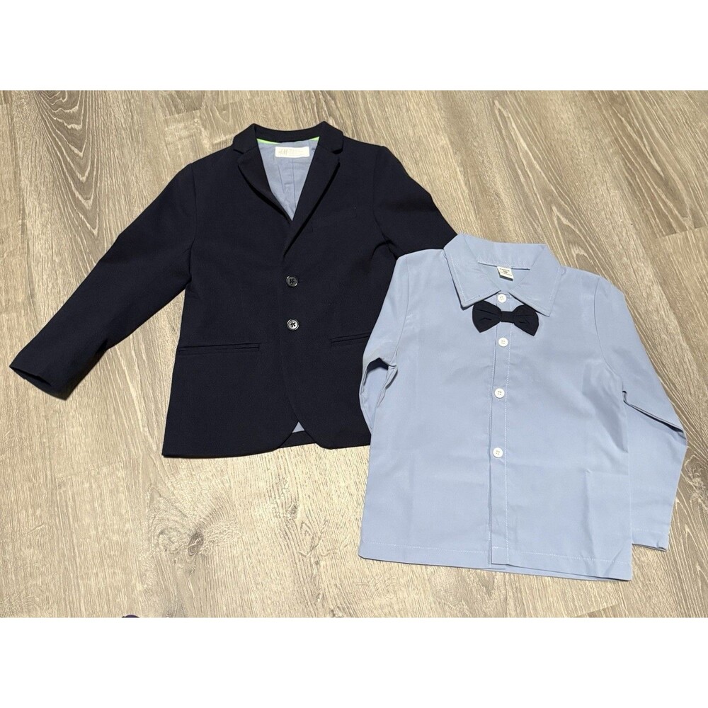 H&M Boys Navy Blazer Lined SHEIN Button Down Long Sleeve With Non-removable Tie